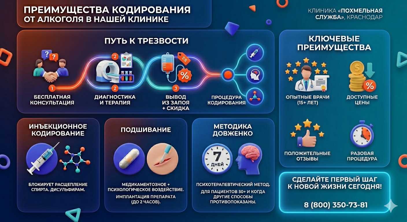 Инфографика о методах кодирования от алкоголя в Вурнарах: инъекции, подшивание, метод Довженко. Преимущества клиники и этапы лечения.